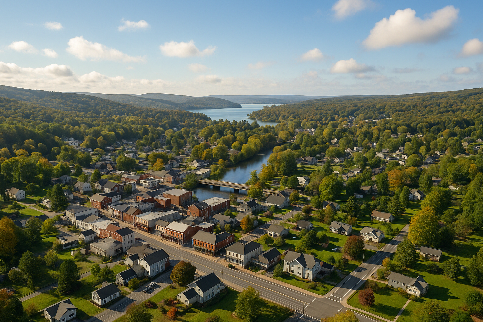 An aerial view of a residential area with a river running through it