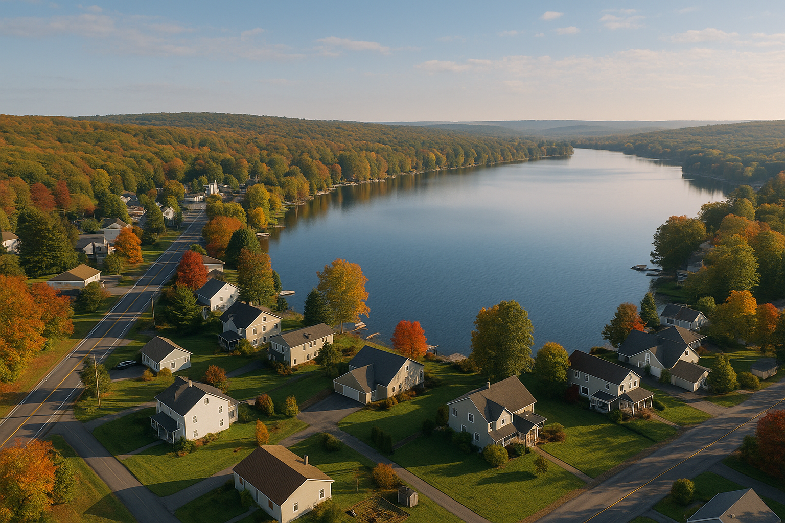 An aerial view of a residential area with a river running through it