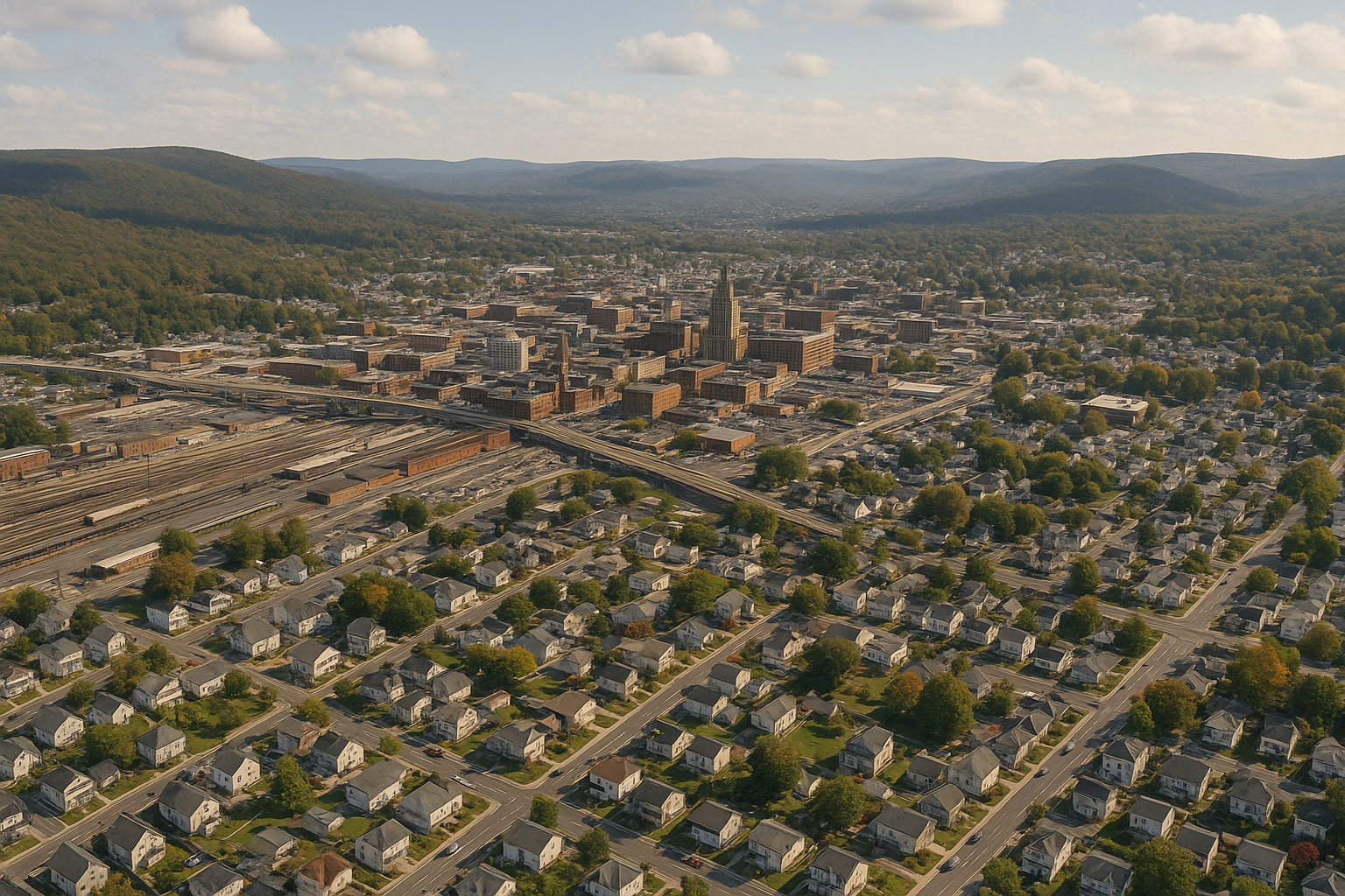 An aerial view of a city with a river running through it