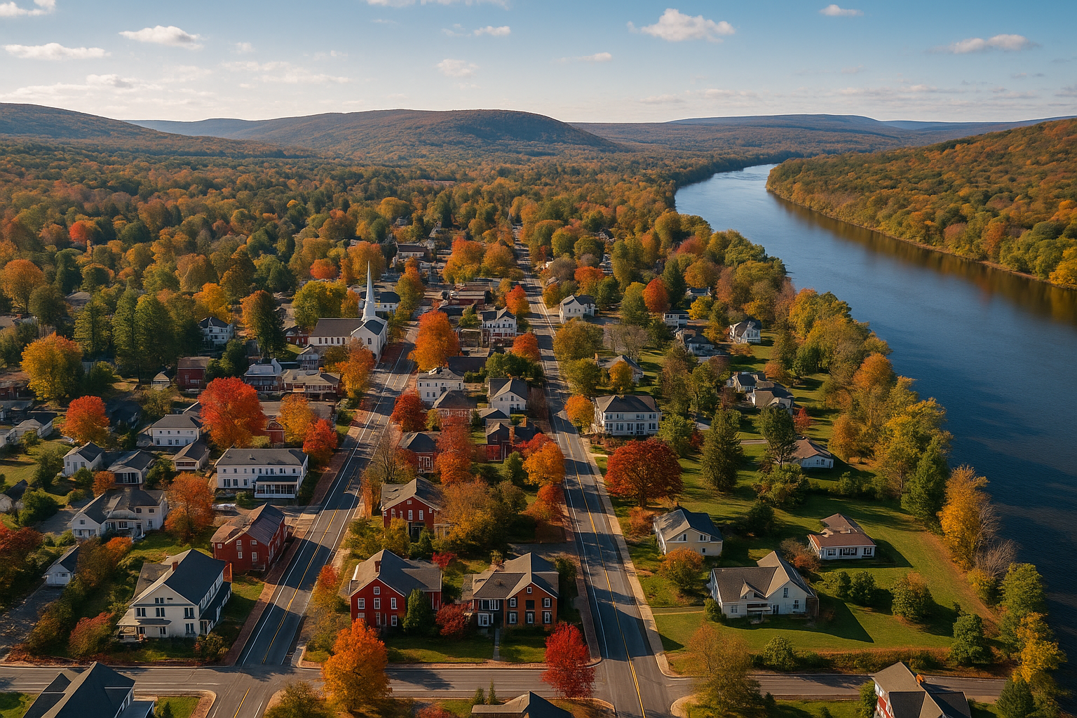 An aerial view of a residential area with a river running through it