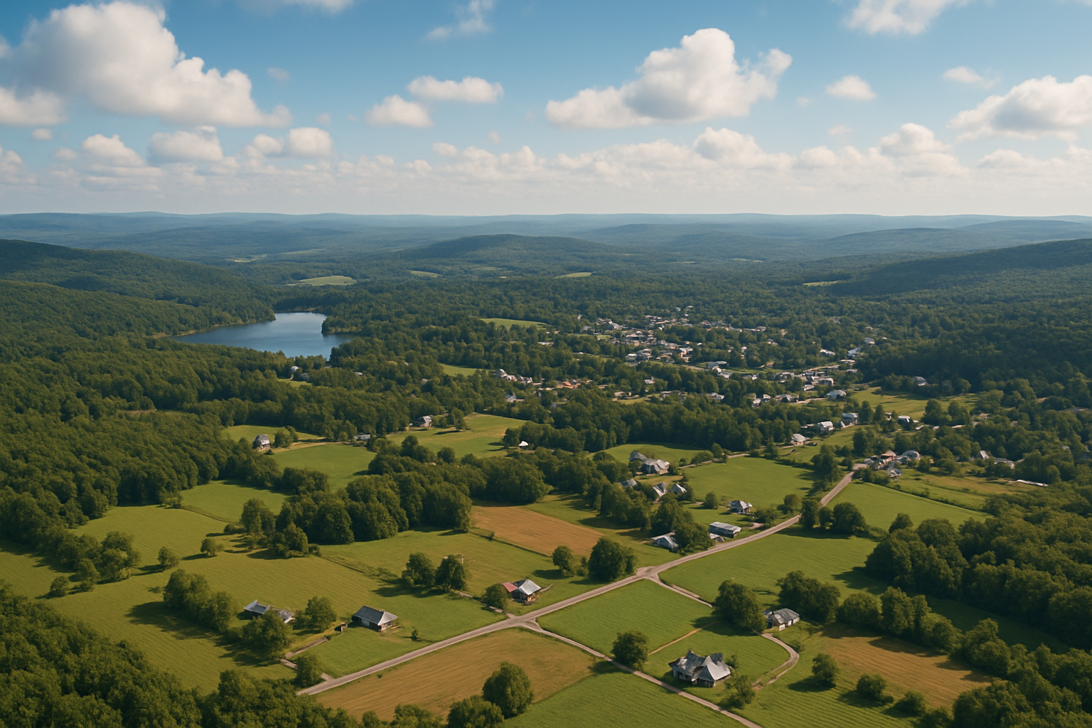 An aerial view of a city with a river running through it