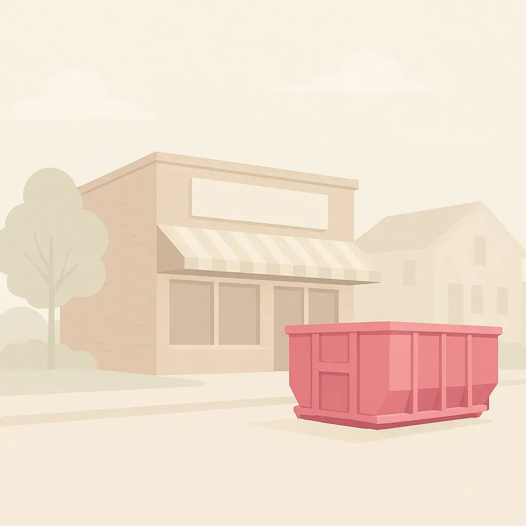 A green dumpster is parked in front of a rose nail salon.