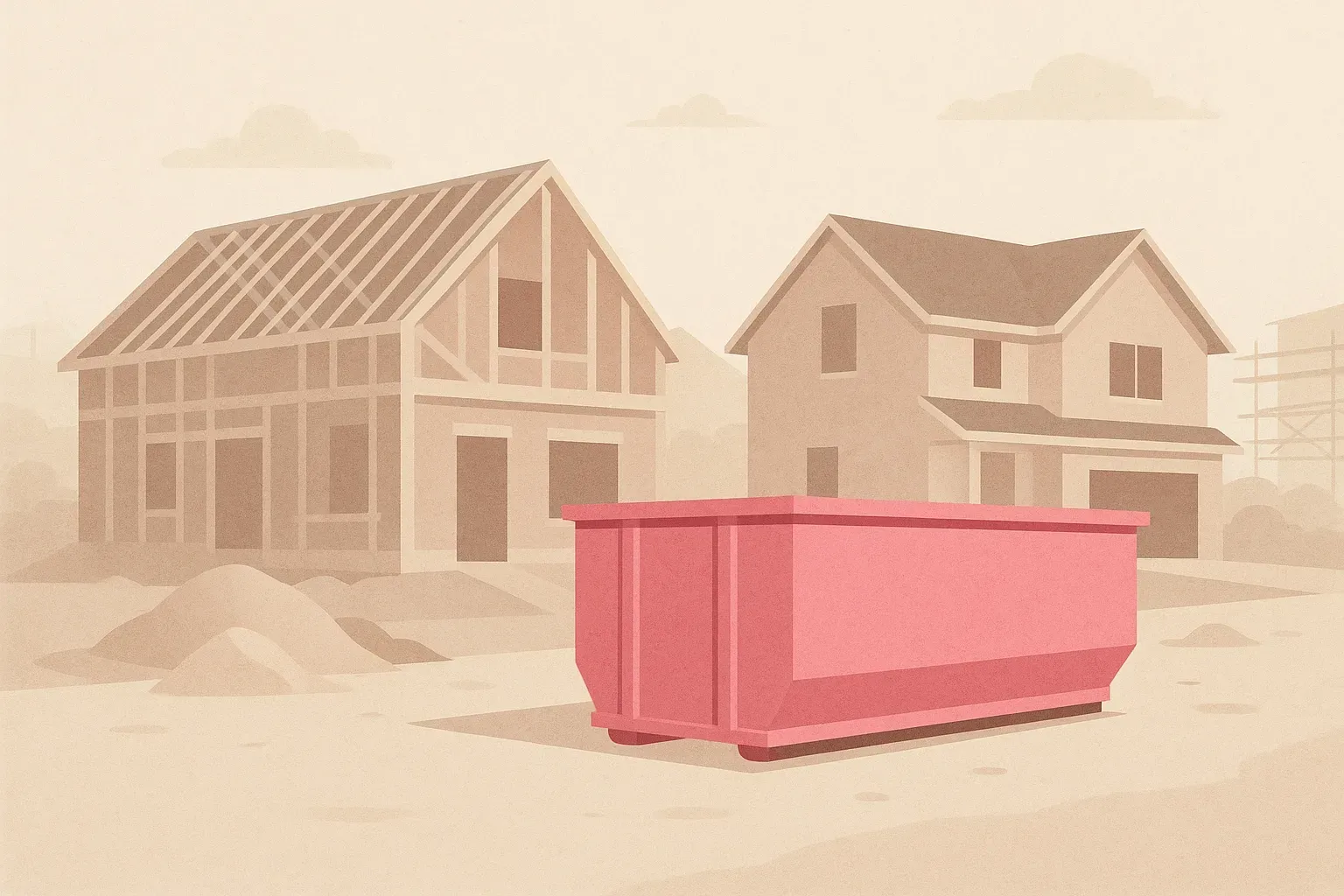 A green dumpster filled with wood is parked in front of a house.