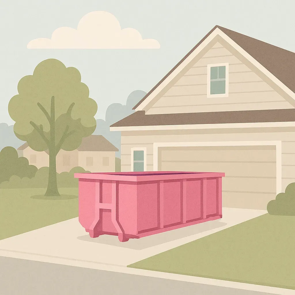 A green dumpster is parked in front of a brick building.