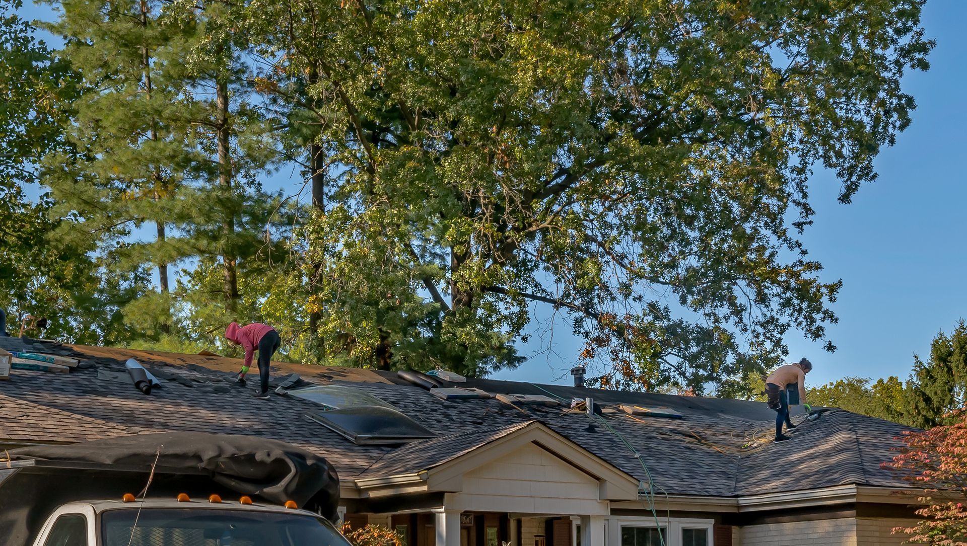 Two roofers working on an asphalt shingle roof on a sunny day.