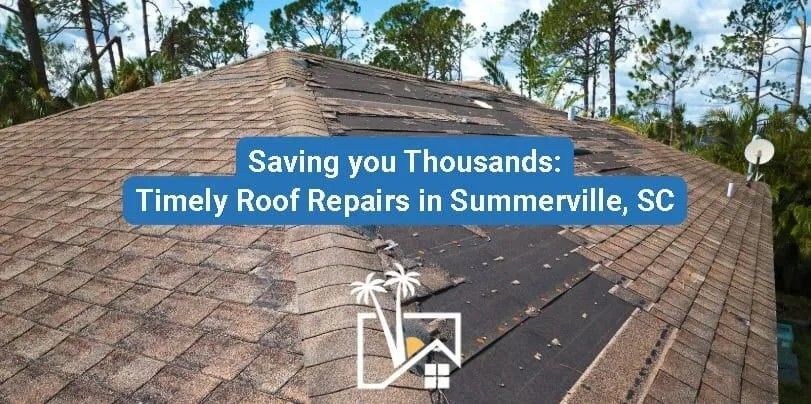 Roof damage in Summerville, SC. Text overlay: 