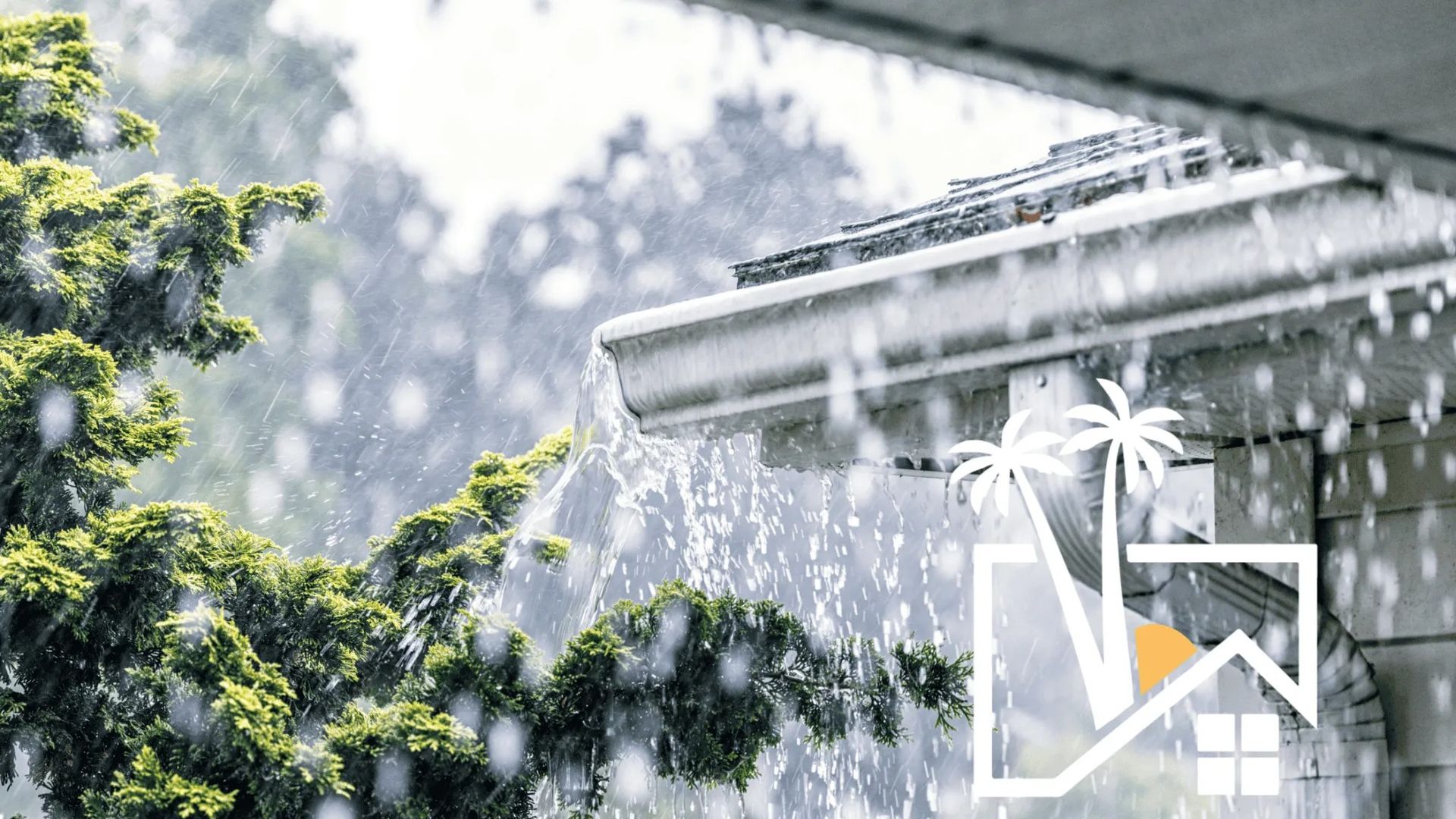 Heavy rain pouring from a gutter on a house, palm tree logo. Heavy rain pouring from a gutter on a house, palm tree logo.