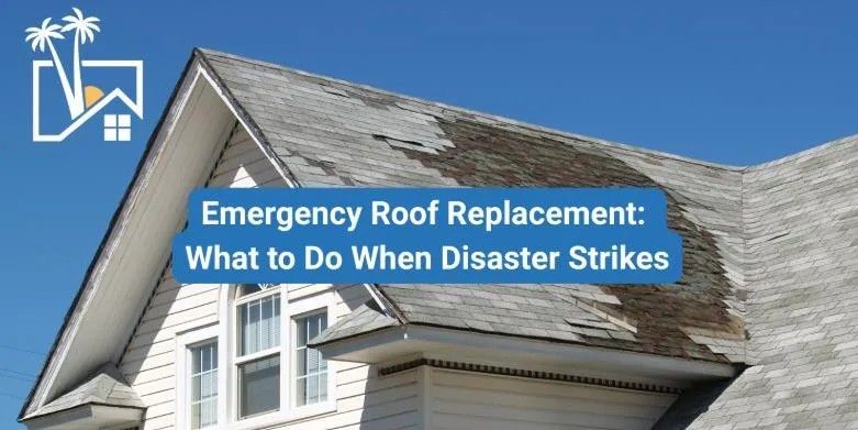 Damaged roof on a white house, blue sky. Text overlay: Emergency Roof Replacement: What to Do When Disaster Strikes.