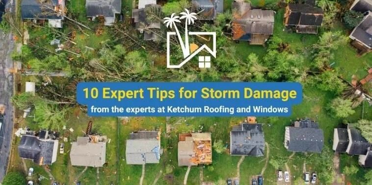 Aerial view of storm-damaged homes; text reads, Aerial view of storm-damaged homes; text reads,