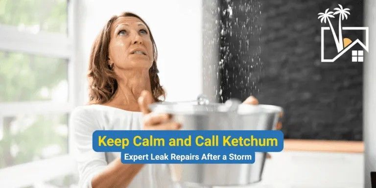 Woman catching water leaking from the ceiling, text: 