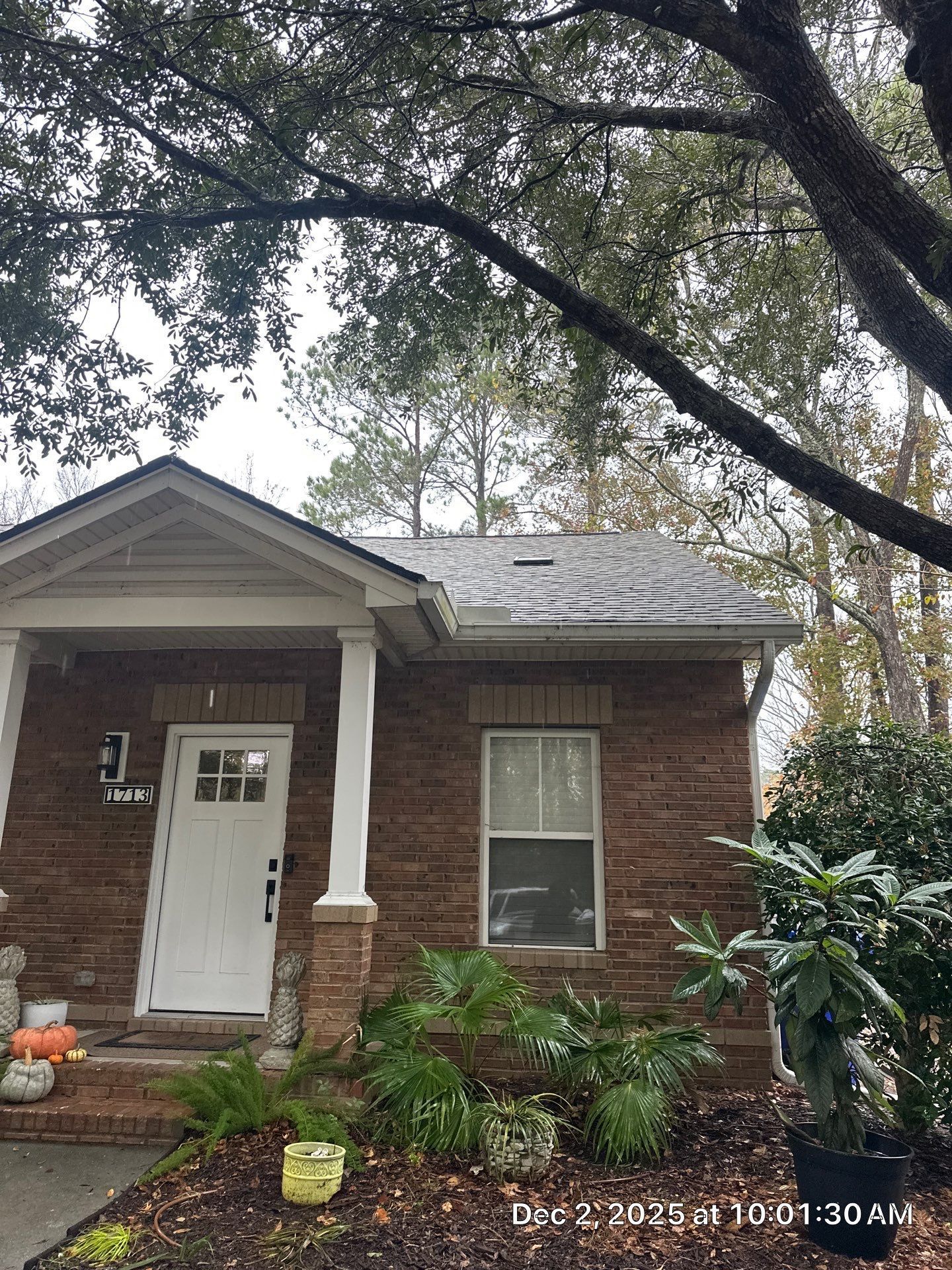 Brick house with white door, porch, and dark roof under trees.