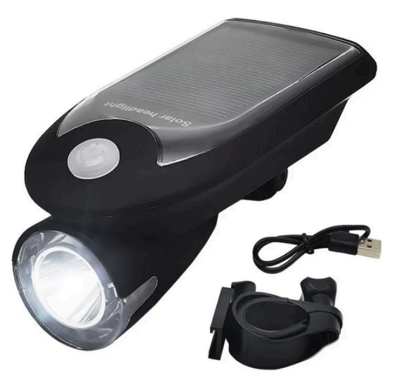 Una luz de bicicleta negra con un cable USB conectado a ella.