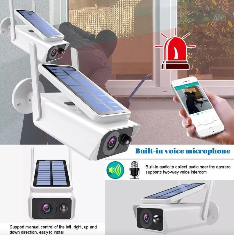Una persona sostiene un teléfono celular frente a una cámara de seguridad alimentada por energía solar.