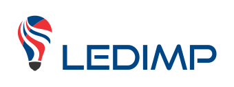 Un logotipo para una empresa llamada ledimp con una bombilla encima.