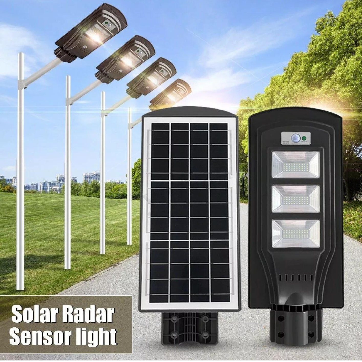 Una luz con sensor de radar solar está colocada al costado de una carretera.