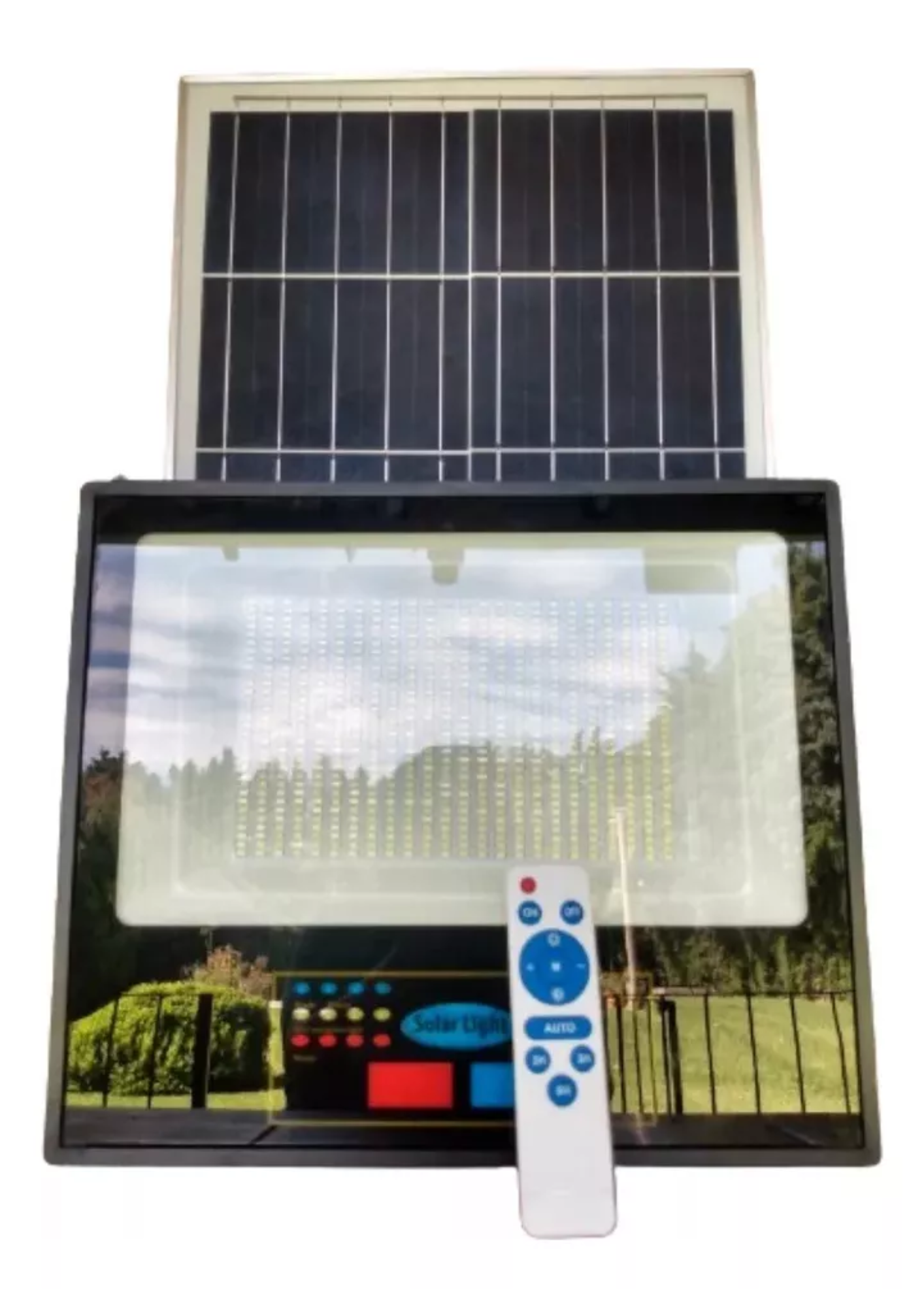 Un panel solar con un control remoto conectado a él.