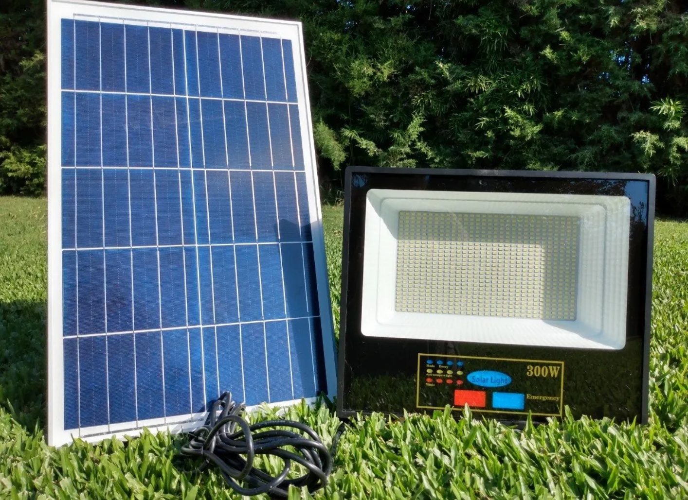 Un panel solar y una luz están sobre el césped.