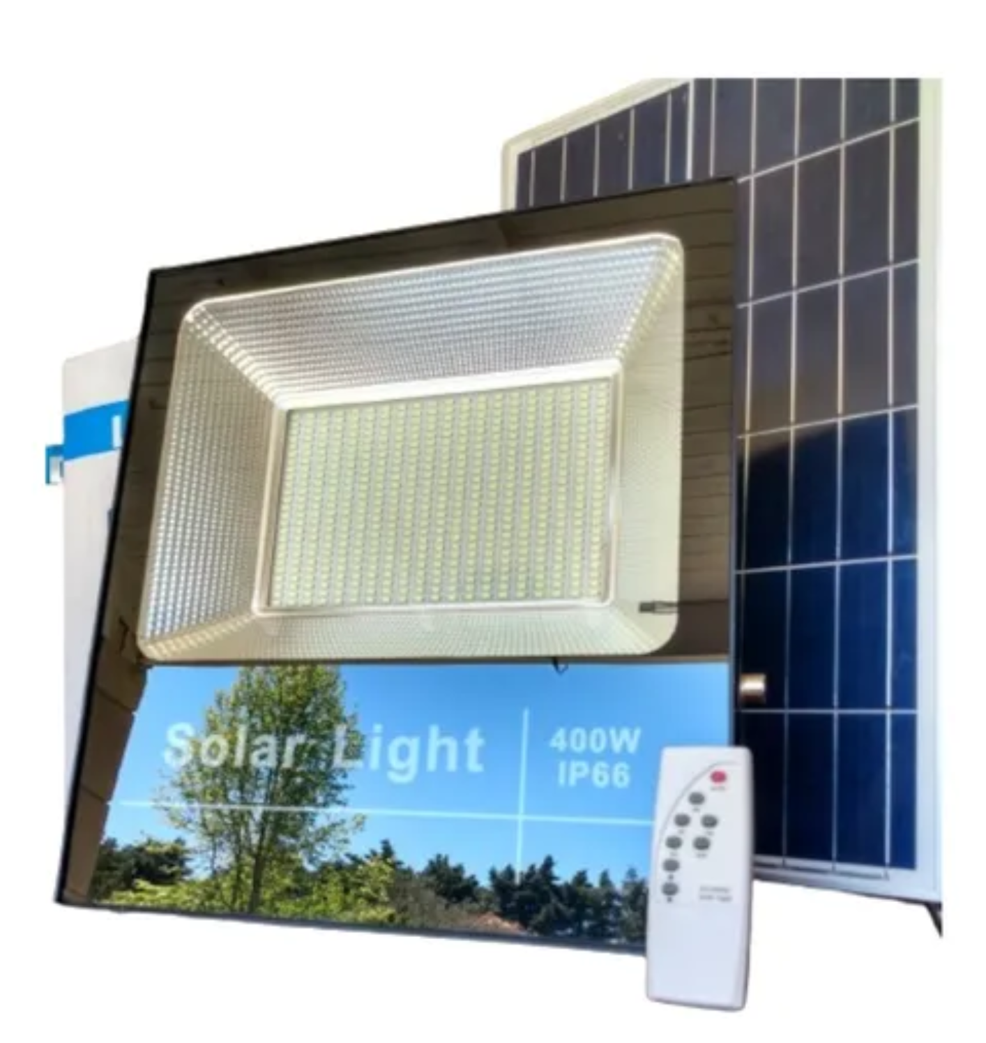 Una luz solar con control remoto y un panel solar.