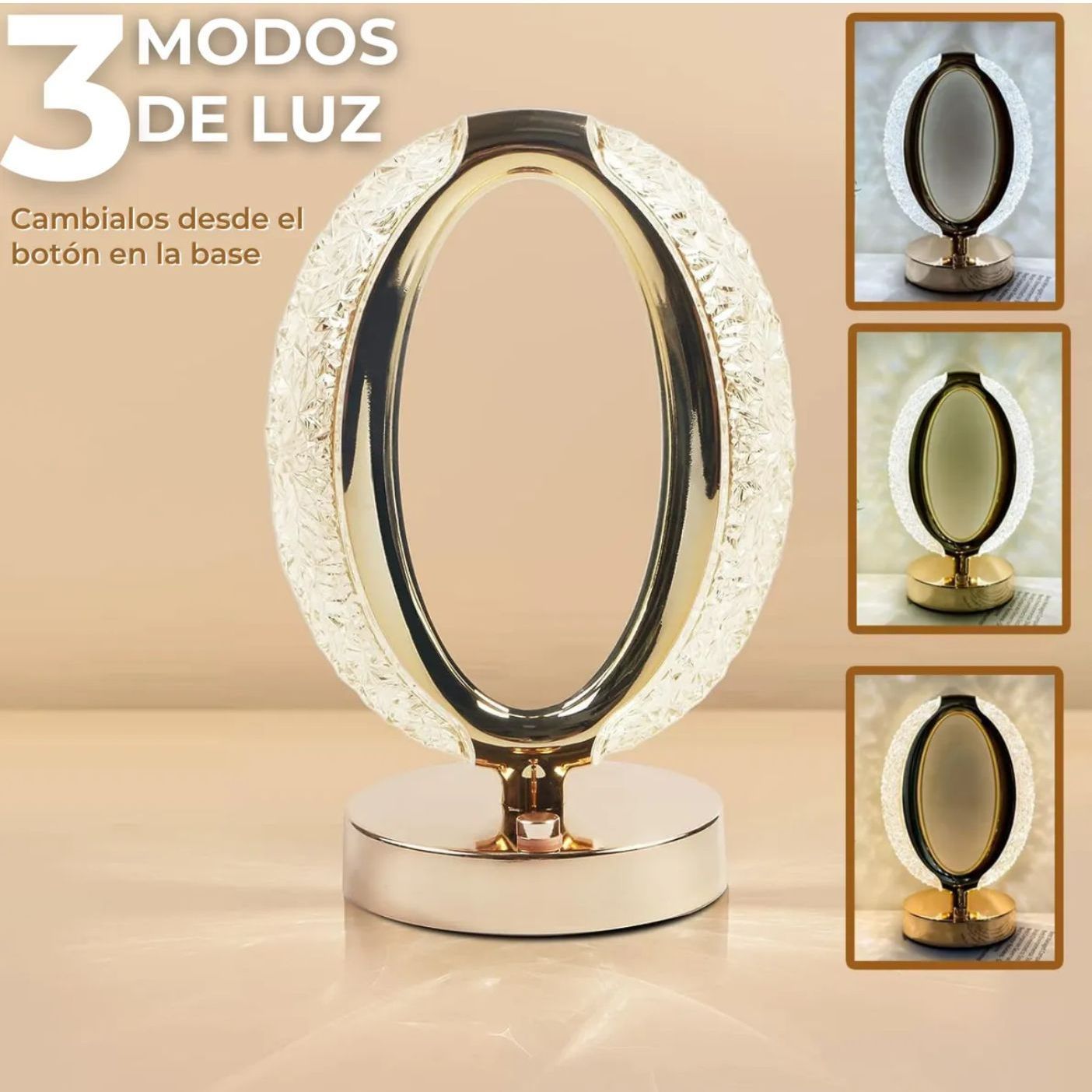 Una lámpara de mesa con tres tonos de luz diferentes está sobre una mesa.
