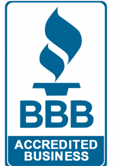 a blue and white bbb accredited business logo
