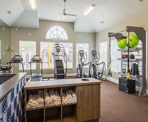 Gym with exercise equipment: treadmills, stair stepper, elliptical, weights, towels, and arched window.
