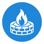 White flame burning in a circular brick fire pit, on a blue background.