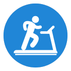White figure running on a treadmill inside a blue circle.