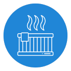 Blue circle with a white outline of a radiator with steam rising from it.