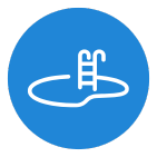 Blue circle with a white outline of a pool and ladder.