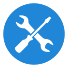White wrench and screwdriver crossed on a blue circle, representing settings or tools.