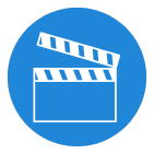 Clapperboard icon in white on a blue circle.