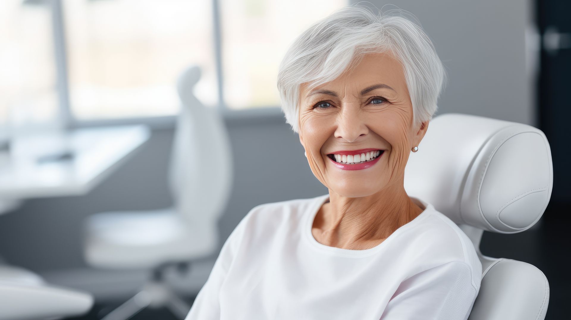 Happy senior woman smiling with natural-looking dentures while sitting in a modern dental office.