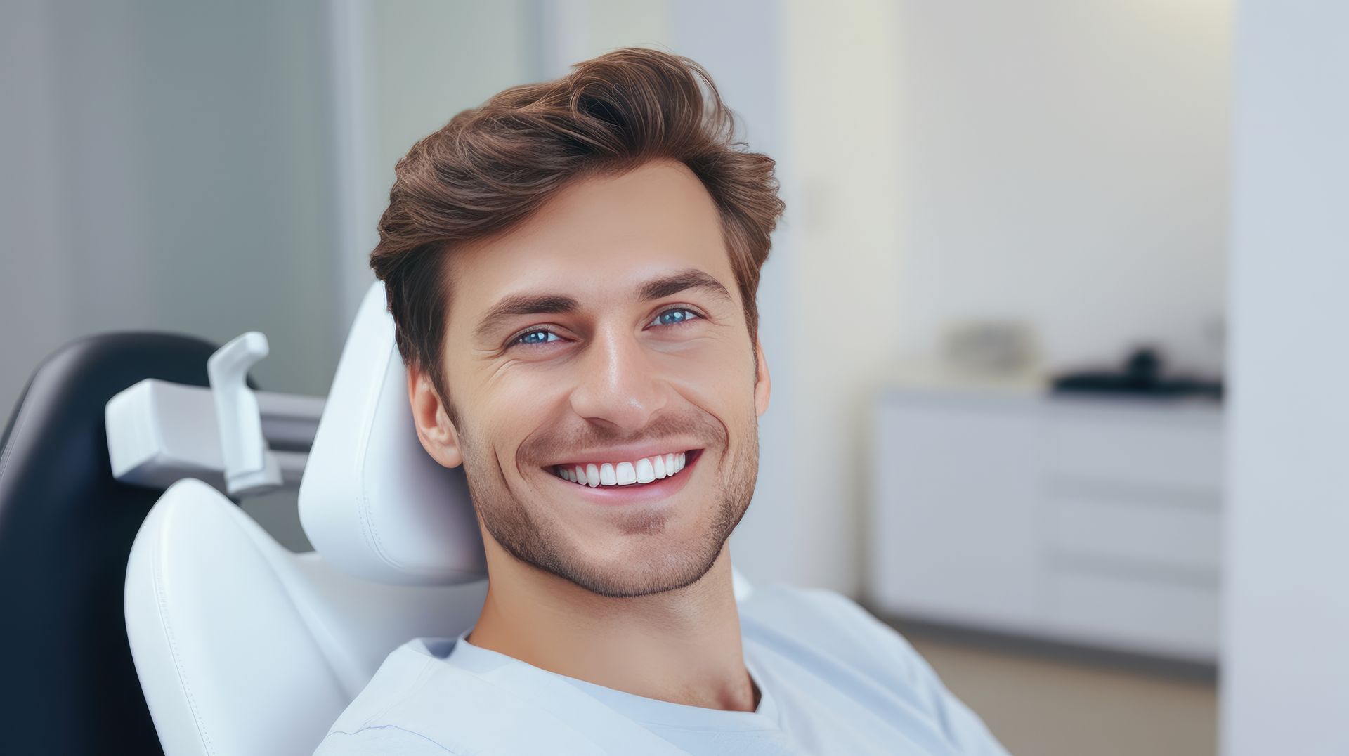 A confident young man smiling with high-quality dentures while at a professional dental appointment.