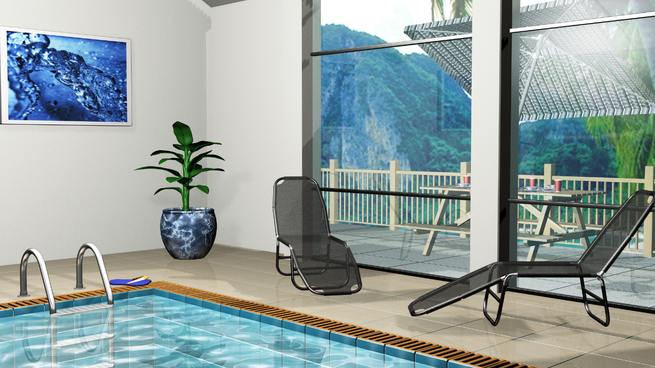 Indoor pool patio with lounge chairs, potted plant, and mountain view through large windows