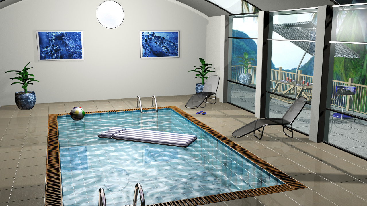 Indoor pool with lounge chairs and large windows overlooking a patio and garden.