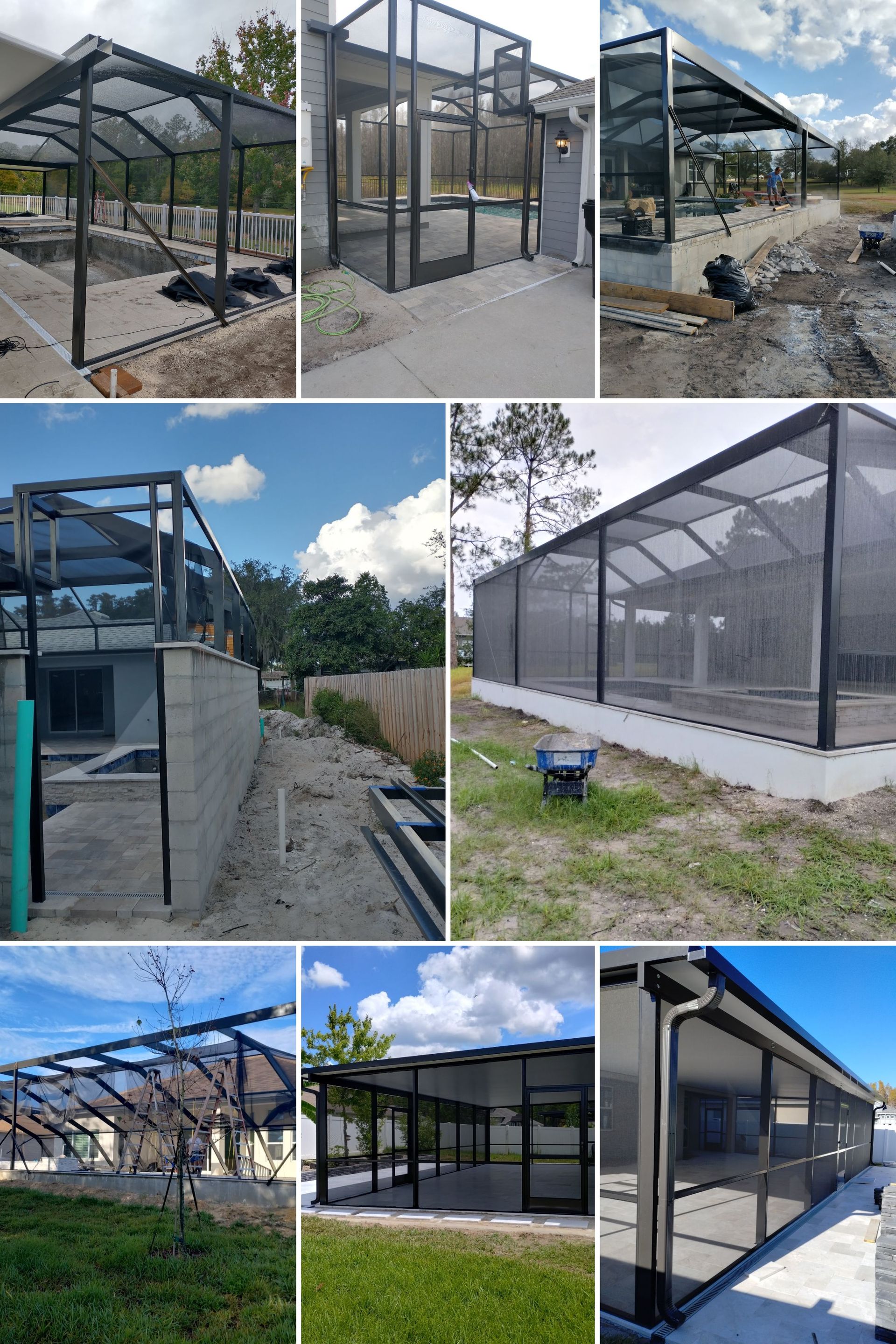 Collage of a black-framed screened porch under construction in a backyard, with concrete foundation and mesh panels