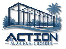 Action Aluminum & Screen logo with blue screened patio frame and palm trees