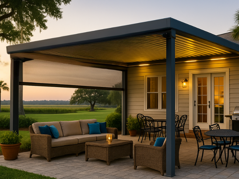 Covered patio with screens, wicker seating, dining set overlooking a coastal marsh sunset.