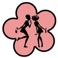a silhouette of two women standing next to each other in a pink flower