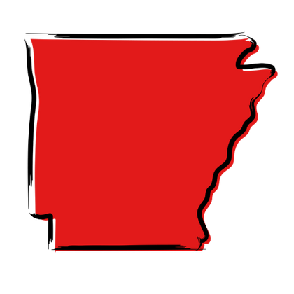 A red map of arkansas with a black outline on a white background.