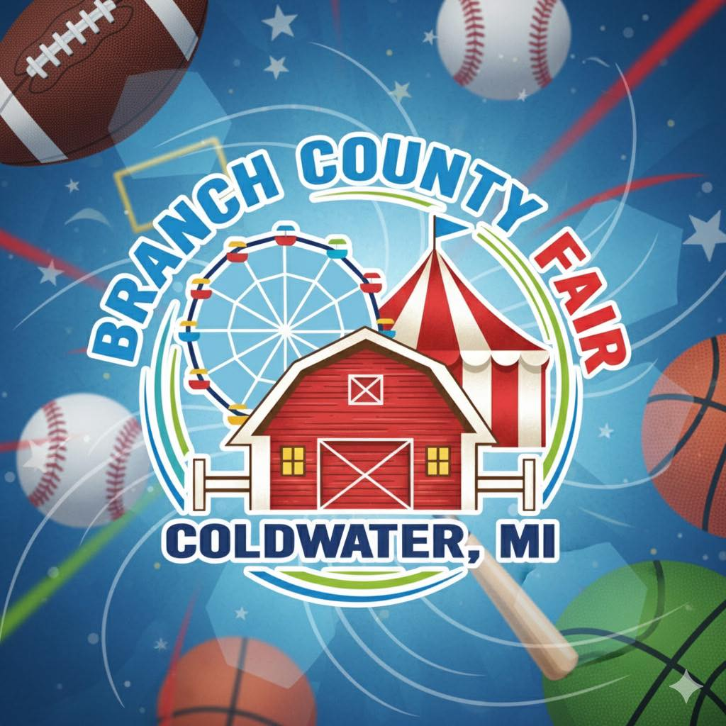 Branch County Fair logo with red barn, Ferris wheel, tent, and sports balls in Coldwater, MI
