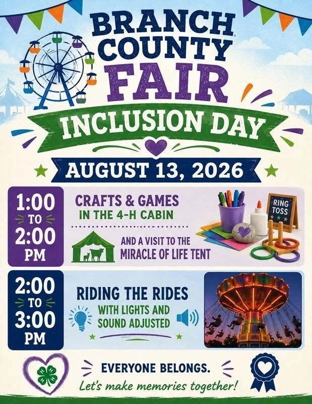 Branch County Fair Inclusion Day poster with August 13, 2026 schedule and event activities.