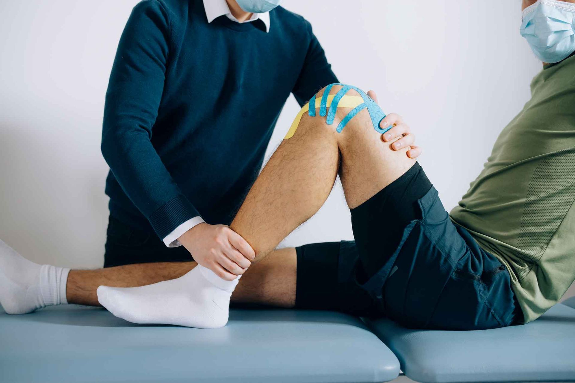 A man is getting his knee examined by a doctor.