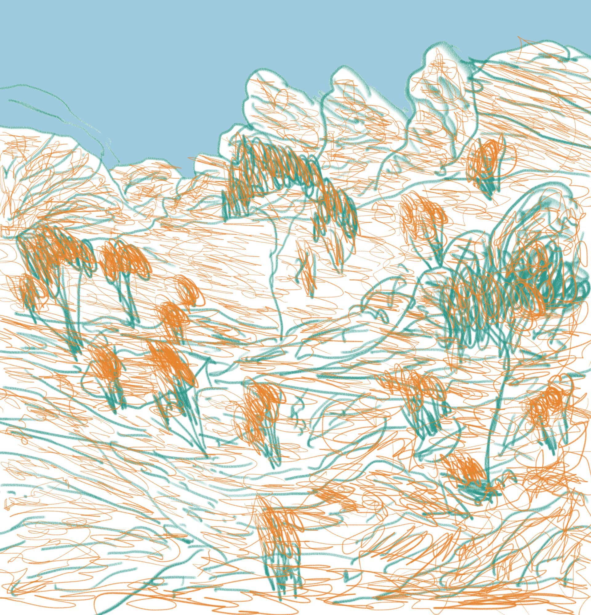 A drawing of a desert landscape with trees and grass