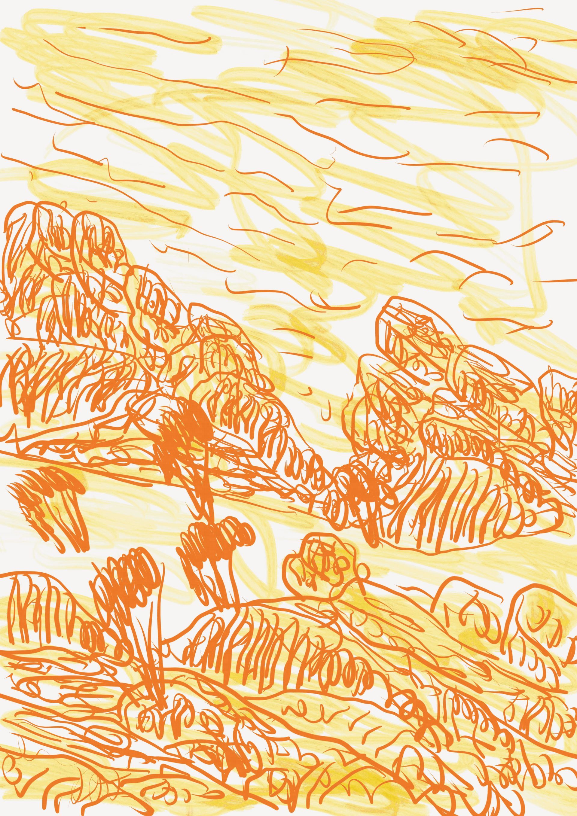 It is a drawing of a landscape with mountains and trees.