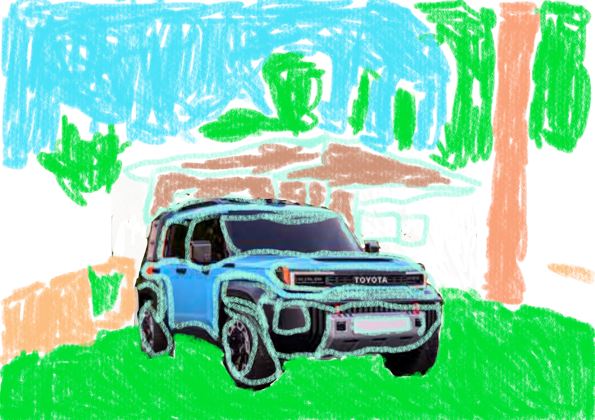 A child 's drawing of a blue suv on a grassy hill