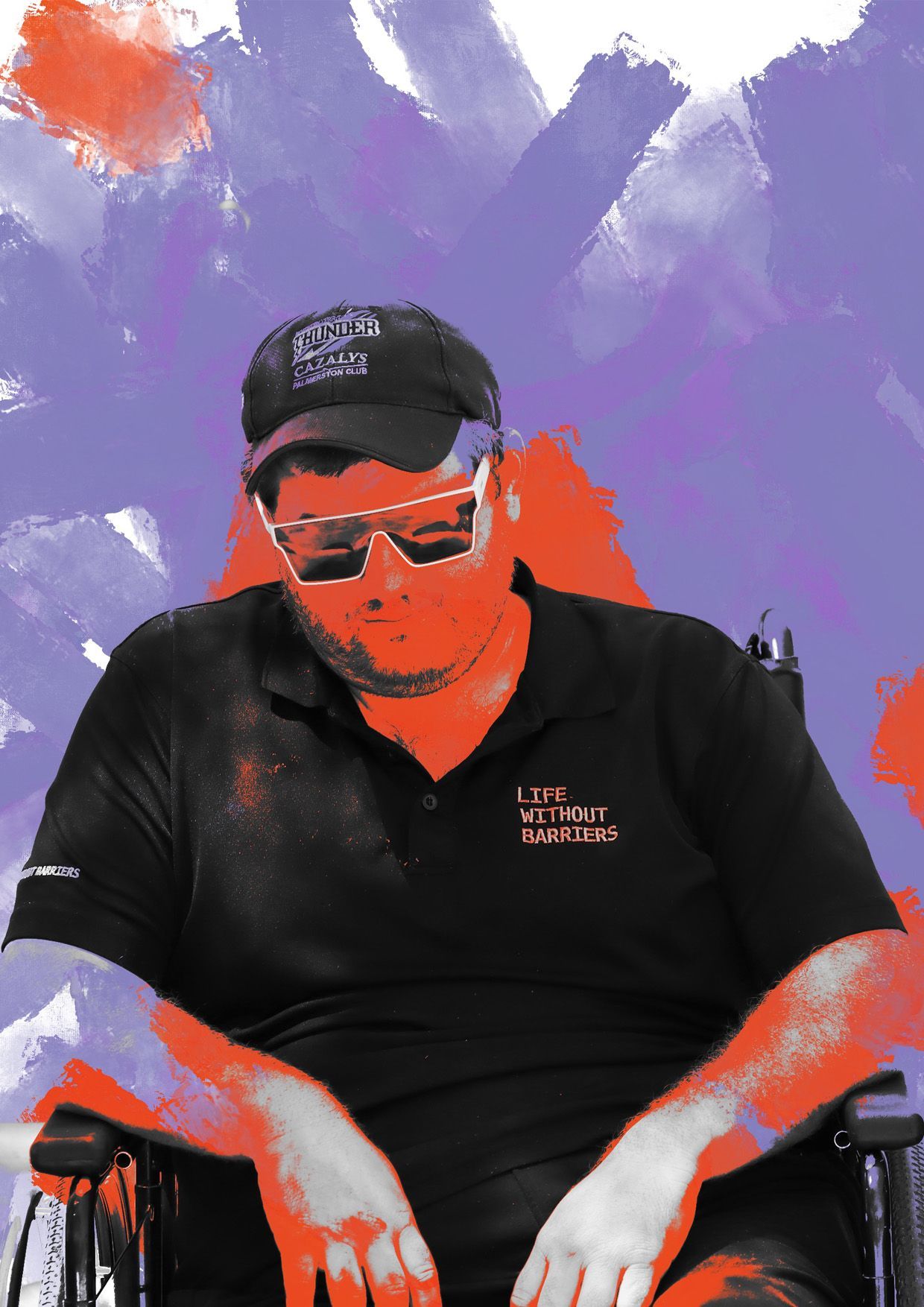 A man wearing a hat is sitting in a wheelchair