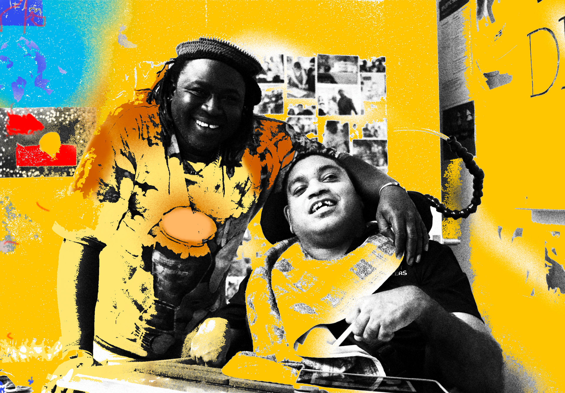 A man in a wheelchair is being hugged by another man