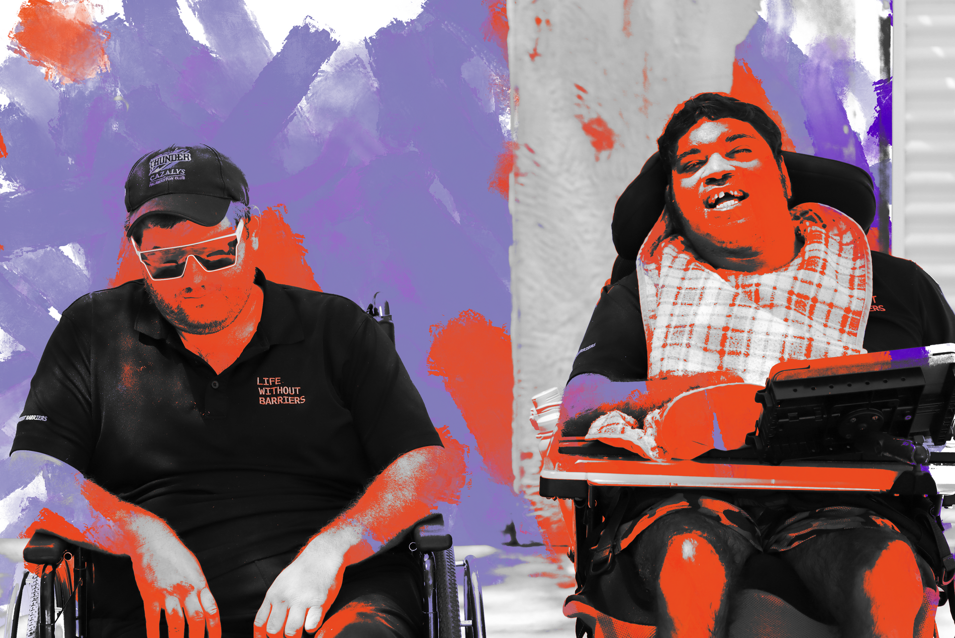 A man in a wheelchair and a woman in a wheelchair are sitting next to each other.