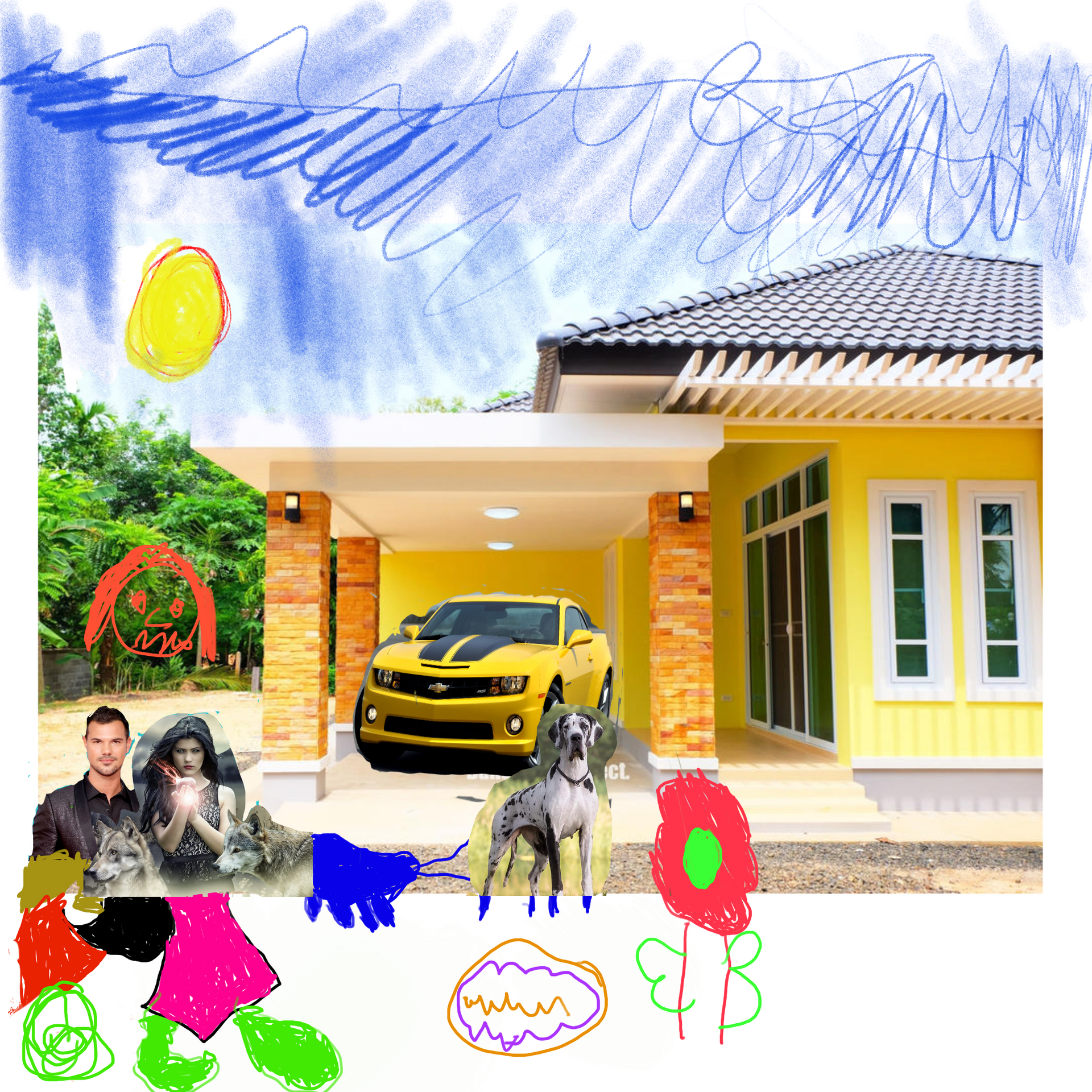 A yellow car is parked in front of a yellow house